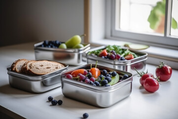 Metallic zero-waste plastic-free lunch boxes with fruits. AI Generated.