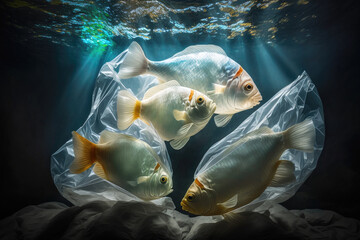 Fishes in plastic bag. Massive plastic pollution underwater concept. Ecological problem. Generative AI
