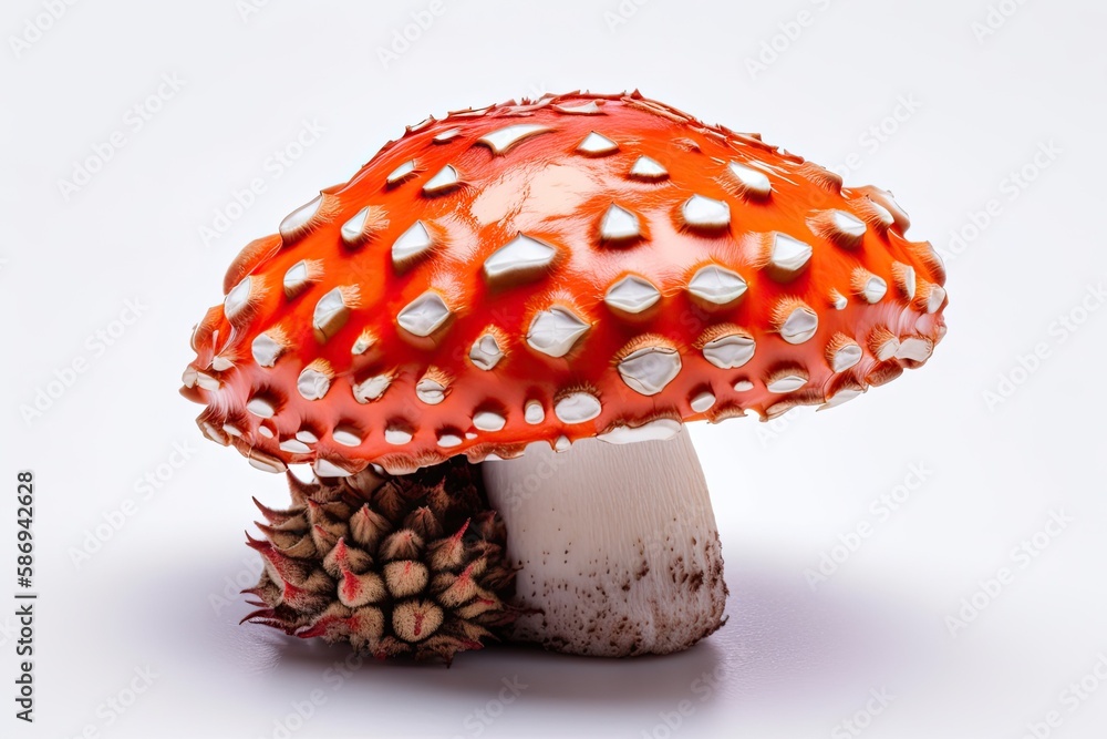 Poster close-up view of a single mushroom isolated on a white background. generative ai