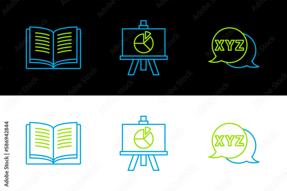Poster set line xyz coordinate system, open book and chalkboard with diagram icon. vector