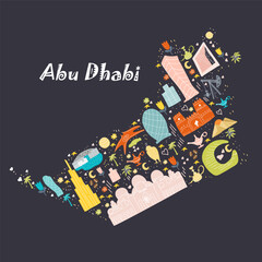 Abu Dhabi map, hand drawn vector cartoon illustration on dark background. Illustration for guidebook, poster, travel booklet, fashion design.