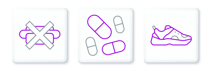 Set line Sport sneakers, No junk food and Vitamin pill icon. Vector