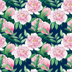 background with painted beautiful peonies. Watercolor floral seamless pattern.