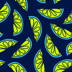 Lime slices seamless pattern on dark background. Stylized fruit design. Tropical citrus in sketch simple style. Vector bright print.