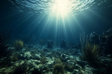 Naklejka na ściany i meble Abstract Underwater Background: Blue Marine Ocean and Sea with Undersea Beauty