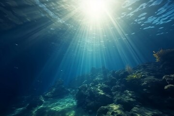 Naklejka na ściany i meble Abstract Underwater Background: Blue Marine Ocean and Sea with Undersea Beauty