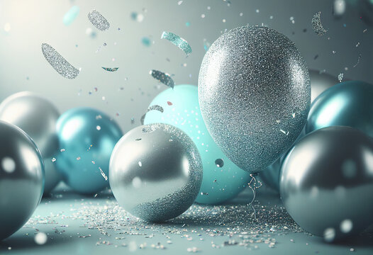 beautiful festive background with blue and silver balloons and sparkles