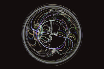 Gray round pattern of curved lines on a black background. Abstract fractal 3D rendering