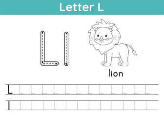 Alphabet ABC, a-z exercise. Coloring page. Trace letter L. Vocabulary for coloring book. Cute kawaii lion. Printable activity worksheet. Educational game. Vector illustration