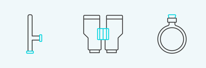 Set line Canteen water bottle, Police rubber baton and Binoculars icon. Vector