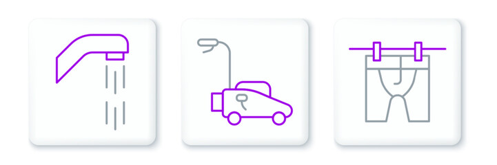 Set line Drying clothes, Shower head and Lawn mower icon. Vector