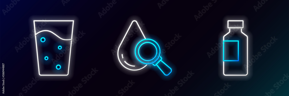 Sticker Set line Bottle of water, Glass with and Drop and magnifying glass icon. Glowing neon. Vector