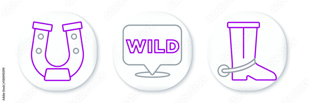 Poster set line cowboy boot, horseshoe and pointer to wild west icon. vector