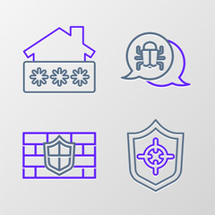 Set line Shield, with brick wall, System bug and House password icon. Vector