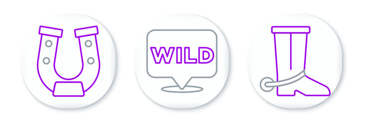 Set line Cowboy boot, Horseshoe and Pointer to wild west icon. Vector