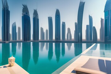 panoramic skyscraper view from a downtown infinity pool - generative ai
