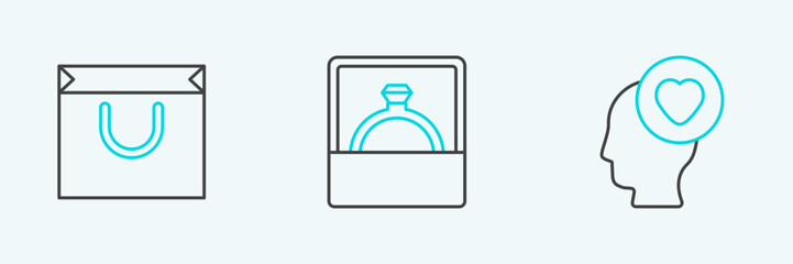Set line Head with heart, Shopping bag and Diamond engagement ring icon. Vector