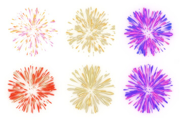 Set of fireworks with glow effect isolated on transparent background. 3D rendering