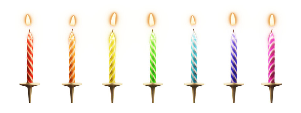 Isolated multicolored birthday cake candles with illuminated flame effect on transparent background. 3D rendering
