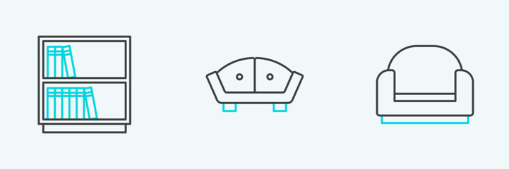Set line Armchair, Library bookshelf and Sofa icon. Vector