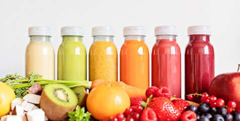 Healthy fresh fruit and vegetable smoothies with assorted ingredients of various colors and tastes. Superfood detox and diet food concept