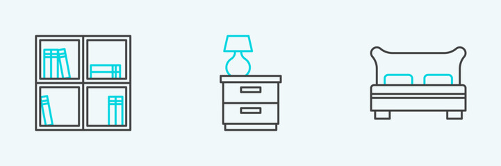 Set line Big bed, Shelf with books and Furniture nightstand lamp icon. Vector