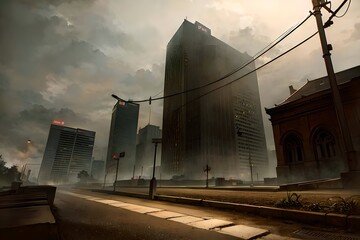Gloomy streets, house buildings sky with dark clouds created with generative AI.