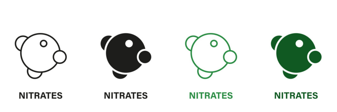 Nitrite Ingredient Line and Silhouette Icon Set. Organic Nutrition Green and Black Pictogram. Molecular Nitrates Additives Symbol Collection on White Background. Isolated Vector Illustration