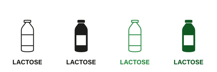 Lactose in Dairy Line and Silhouette Icon Set. Natural Milk in Bottle Green and Black Pictogram. Allergen Free, Intolerance Lactose Symbol Collection on White Background. Isolated Vector Illustration