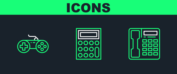 Set line Telephone handset, Gamepad and Calculator icon. Vector