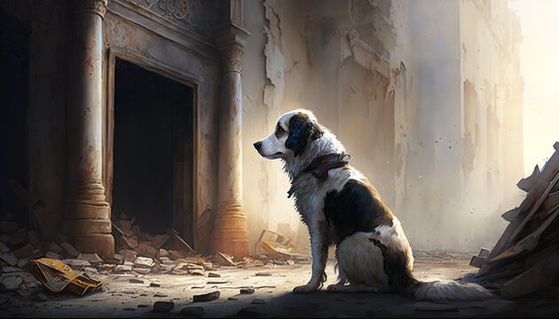 picture of a sad dog in the ruins