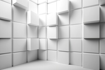 Abstract empty room with white cubes on wall