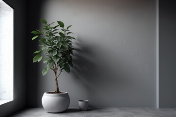Green plant in pot in modern interior with concrete wall