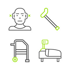 Set line Hospital bed, Walker, Walking stick cane and Deaf icon. Vector
