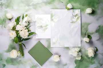 Presentation, mock up birthday scene, baby shower, and wedding for women. White roses on watercolor textured paper greeting cards. fabric as a backdrop. top perspective and a flat lay. Generative AI