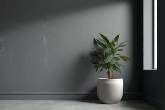 Interior of modern living room with grey walls, concrete floor and plant in pot
