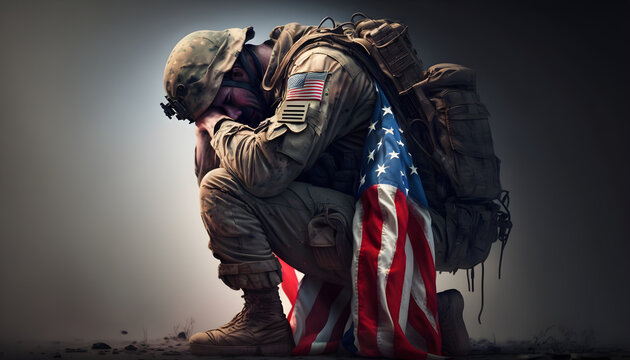 American soldier standing on one knee, bowing his head in grief and sadness, covering his face with his hands, with his back covered in American flag. Generative AI illustration