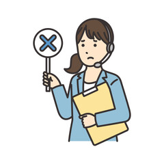 資料とバツの札を持つオペレーターの女性のイラスト