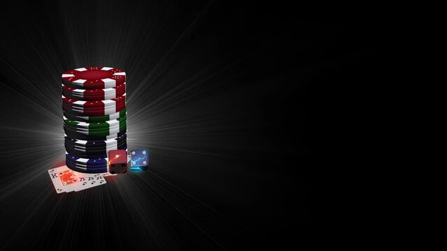 Slow movement of rolling game cubes on the black table. Rolling red and blue casino dice with dealing cards and Casino chips. Las Vegas Casino Roulette, Black jack casino game. 3D 4k footage.