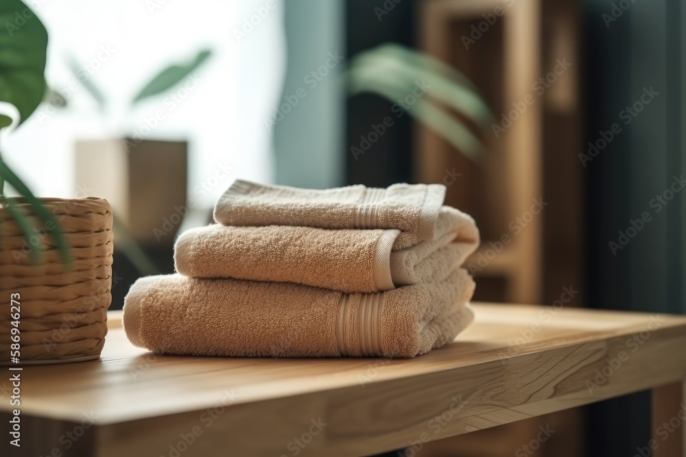 Aufkleber neatly stacked pile of towels on a rustic wooden table. generative ai