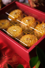 Box of Mooncake a Chinese traditional pastry for Mid-Autumn festival. set on rustic wooden table. - 586946428