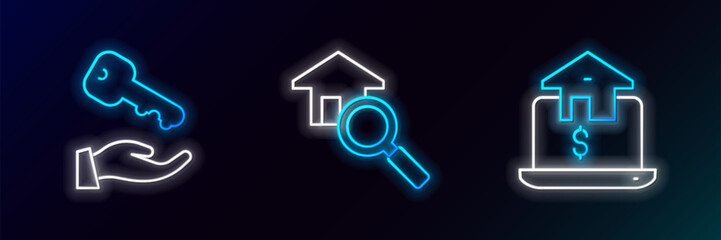 Set line Online real estate, House key and Search house icon. Glowing neon. Vector