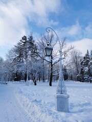 A beautiful, forged, street lamp against the background of a snow-covered tree and a blue sky with clouds in a city park in early spring in St. Petersburg.