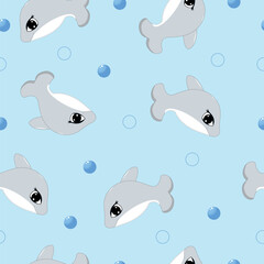 Dolphin seamless pattern in cartoon style. Suitable for baby wallpaper, baby bedspreads, can be printed on baby clothes fabric.
