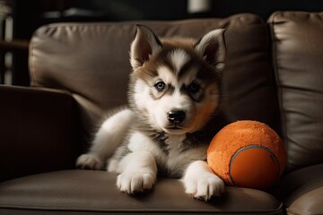 Fototapeta na wymiar Alaskan Malamute puppy in cute pose on sofa with a toy ball. Generative AI