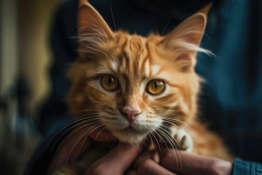 Ginger cat in human hands. taken at close up. Generative AI