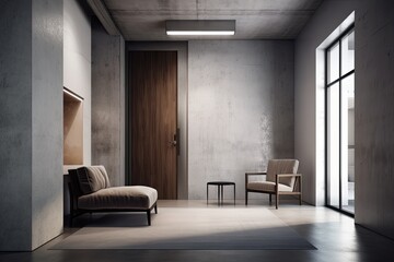 Interior design for a minimalist modern living room. a door made of dark wood and a concrete floor. Conceptual gray copy space wall. Generative AI