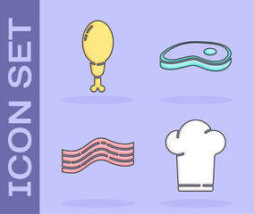 Set Chef hat, Chicken leg, Bacon stripe and Steak meat icon. Vector