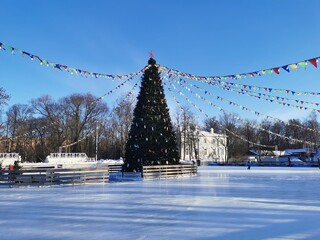 A large, decorated Christmas tree stands in the middle of a large ice rink on which people skate against a blue cloudless sky.