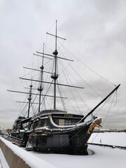The large sailing ship Flying Dutchman, which now houses a restaurant, on Mytninskaya Embankment....